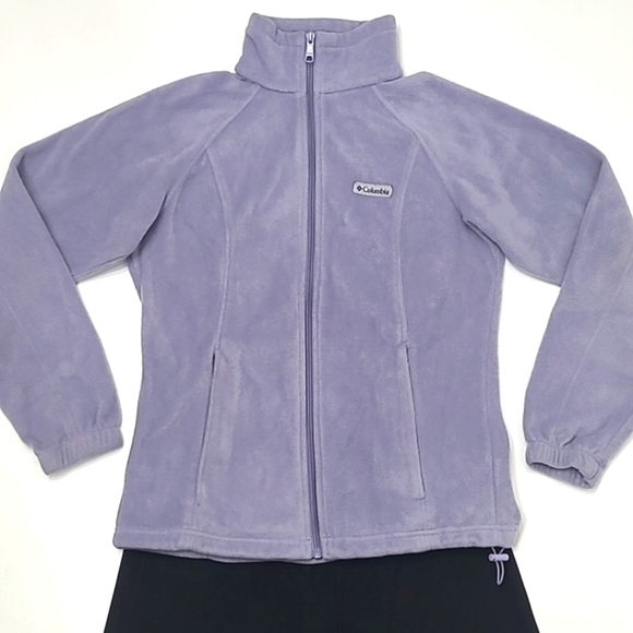 Columbia Fleece Jacket Front Zip Cord Toggle Brand Logo Mock Collar Full Zipper - Picture 1 of 17